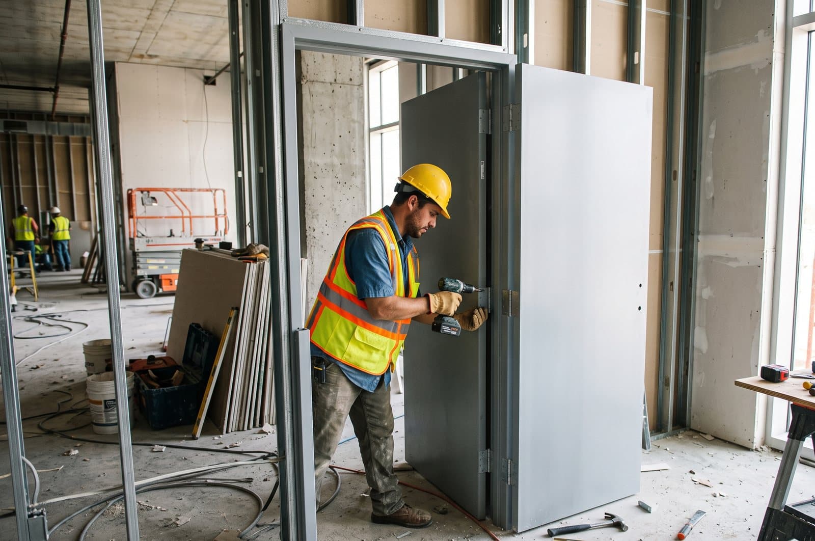 Installing a hollow metal commercial door on a Houston job site